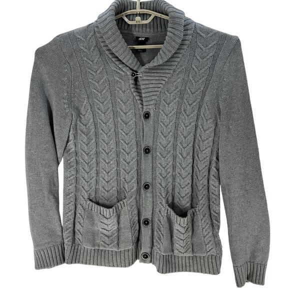 H&M Sweater Women Size M Gray Cable Knit Cardigan Button Up Long Sleeve Preppy - Picture 1 of 6
